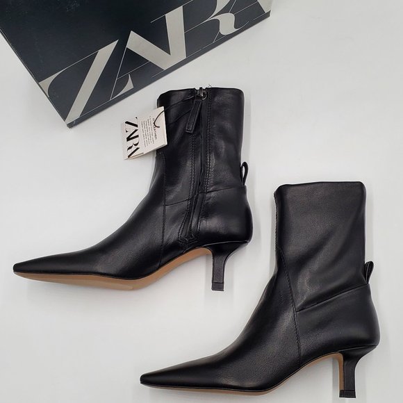Zara Black Leather Kitten Heel Booties - NWT - Picture 6 of 16
